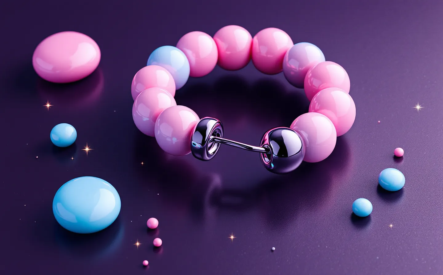 A soft glossy clay cyclic peptide-ring emblem in bubblegum-pink with a chrome clasp and sky-blue and mint clay blobs, on a deep grape-plum ground